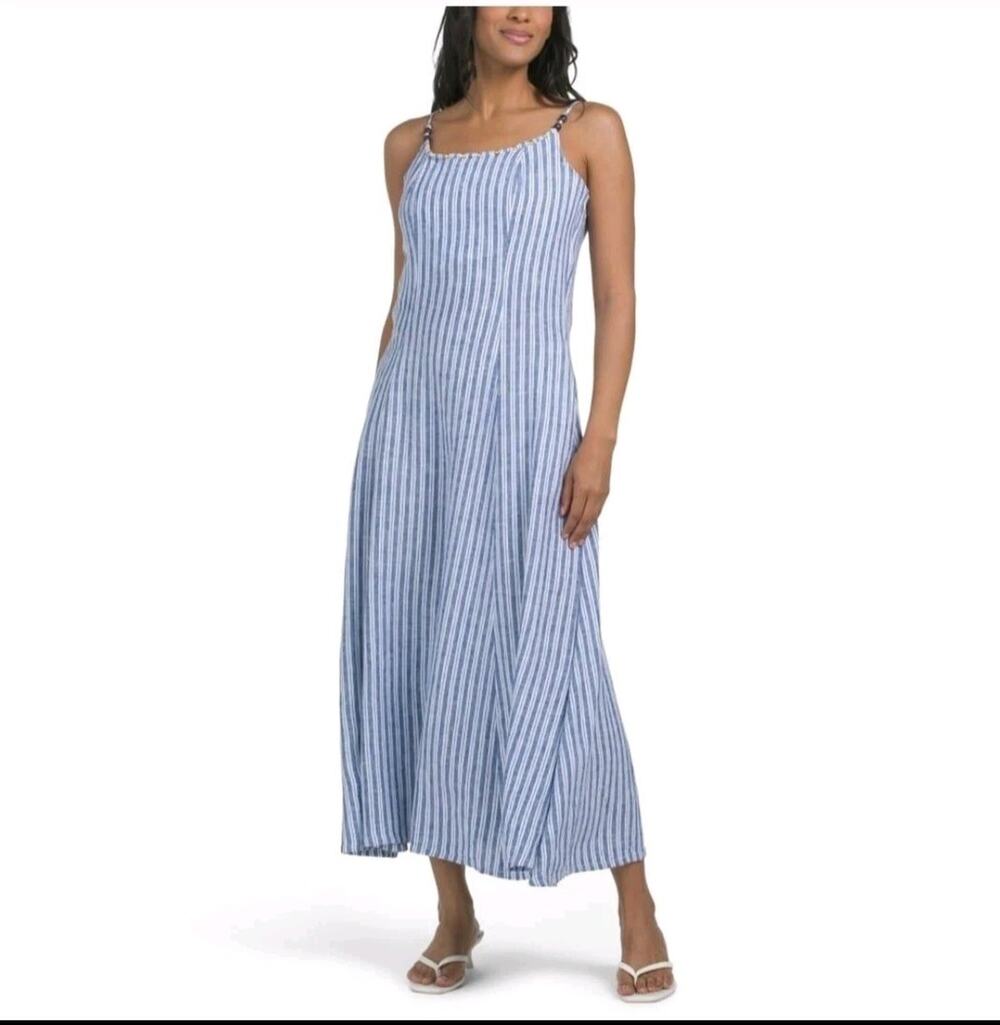 CALYPSO St Barth Blue White Stripe Maxi Linen Dress Beaded Straps Size Large